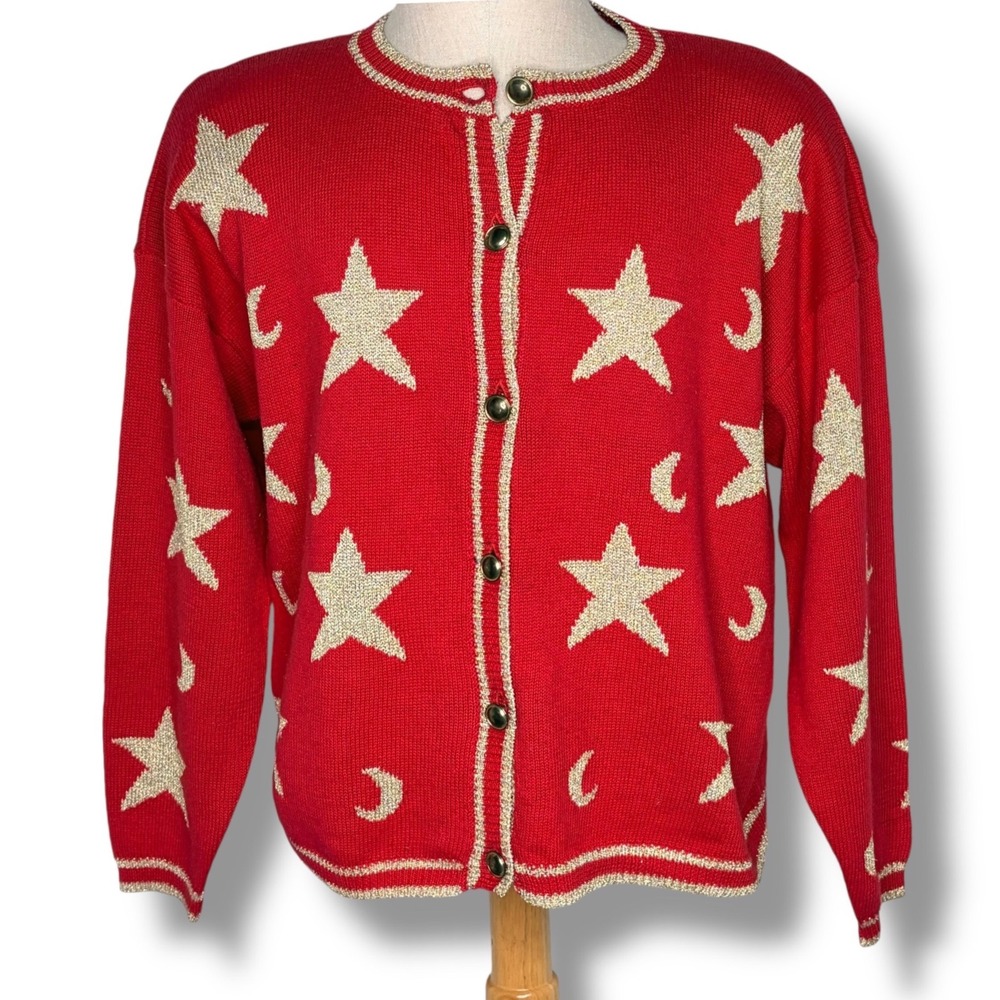 Epogee Cardigan XL Red Gold Star Moon Celestial Vintage Button Up Sweater